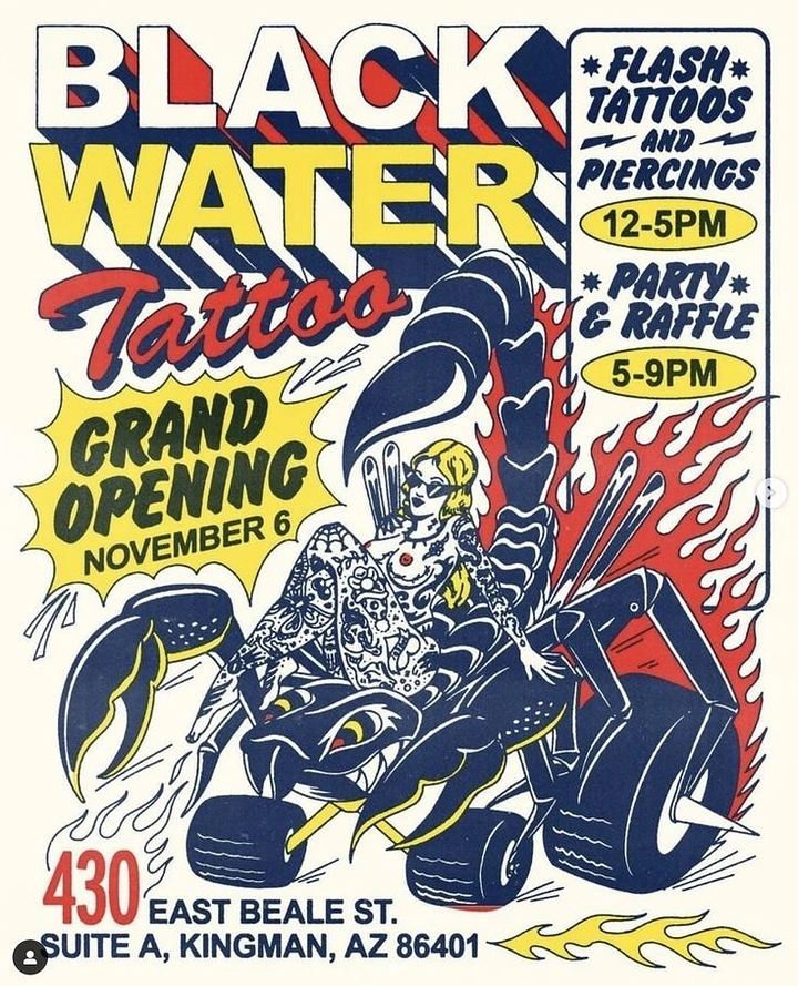 Tattoo Studios creative ad: Scorpion-rider illustration grand opening poster
