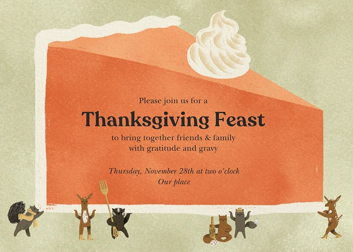 Thanksgiving creative ad: Giant pumpkin pie slice carried by tiny woodland animals