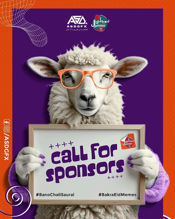 Eid creative ad: Fluffy sheep in orange glasses holding a sign