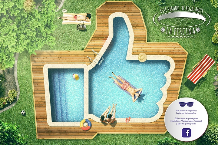Swimming Pools & Pool Care creative ad: Playful shaped-pool overhead composition