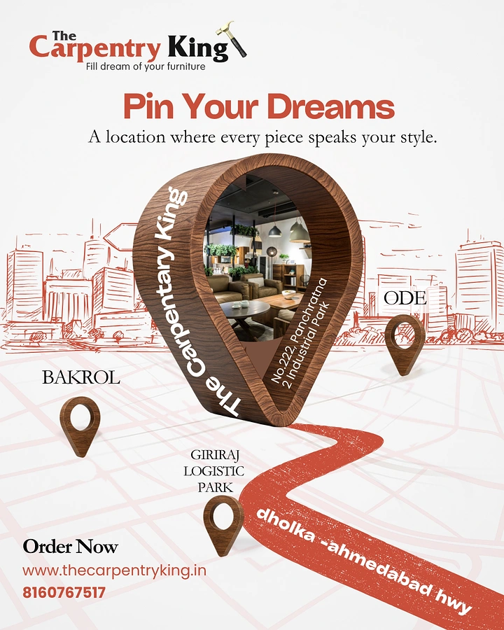 Carpenters & Woodwork creative ad: Wooden location pin framing showroom