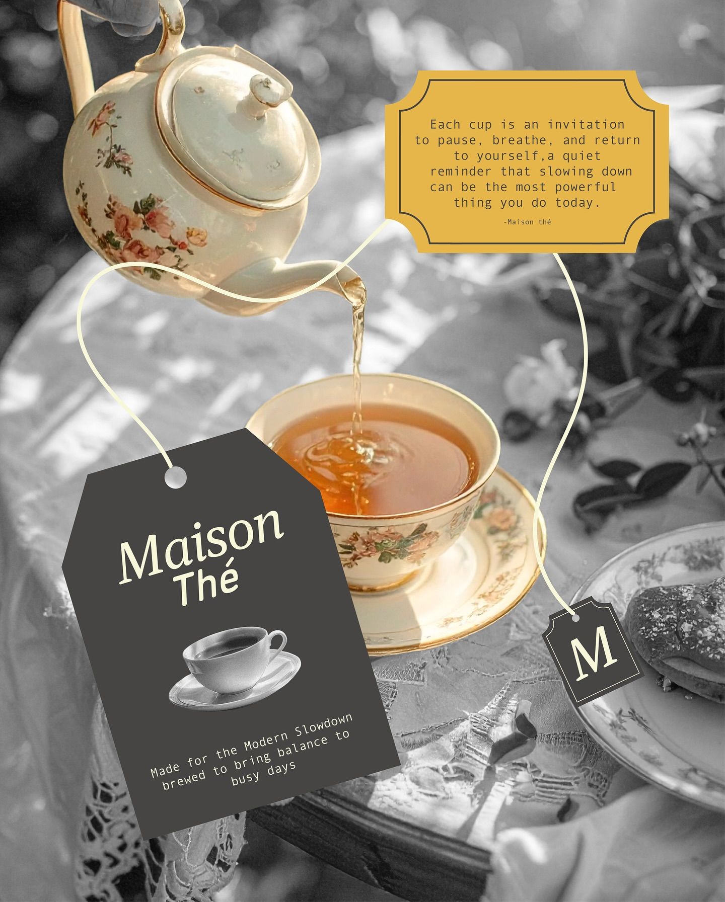 Instagram post: Tea tag as brand label, color-pop collage, slide 1