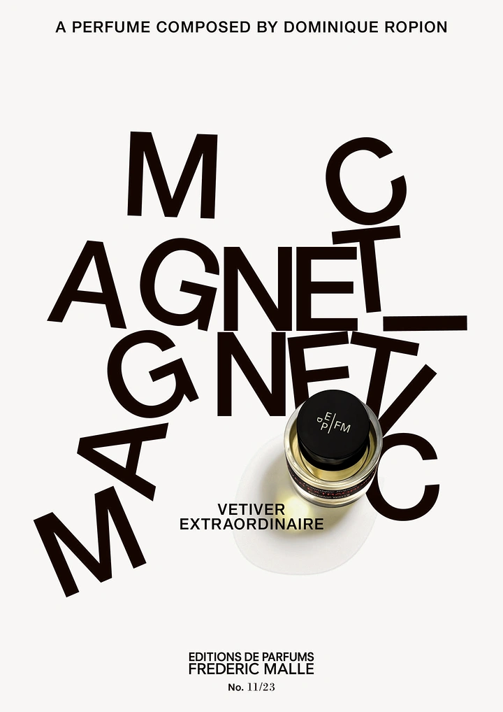 Perfume & Fragrance creative ad: Top-down perfume bottle among the letters of 'MAGNETIC' scattered as if pulled by a magnet