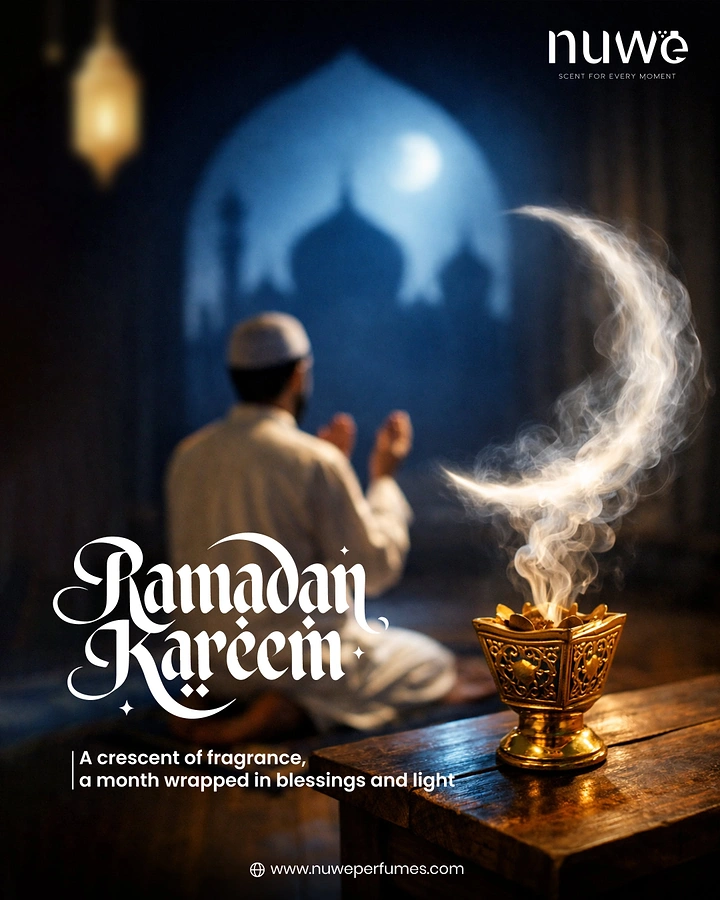 Ramadan creative ad: Brass incense burner whose smoke curls into a crescent moon
