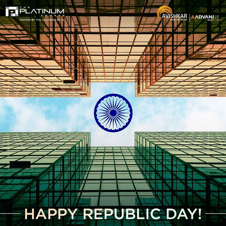 Republic Day creative ad: Upward view of glass towers tinted as the tricolour, with a chakra in the sky