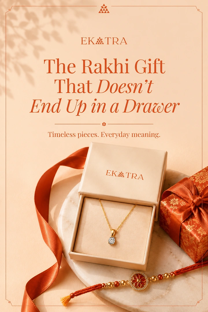 Raksha Bandhan creative ad: Diamond pendant in an open cream jewellery box with a rakhi and wrapped gift