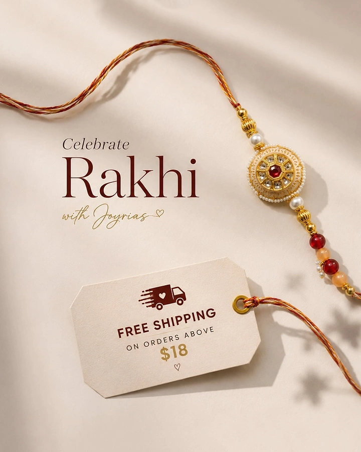 Raksha Bandhan creative ad: Kundan-and-pearl rakhi with a free-shipping gift tag