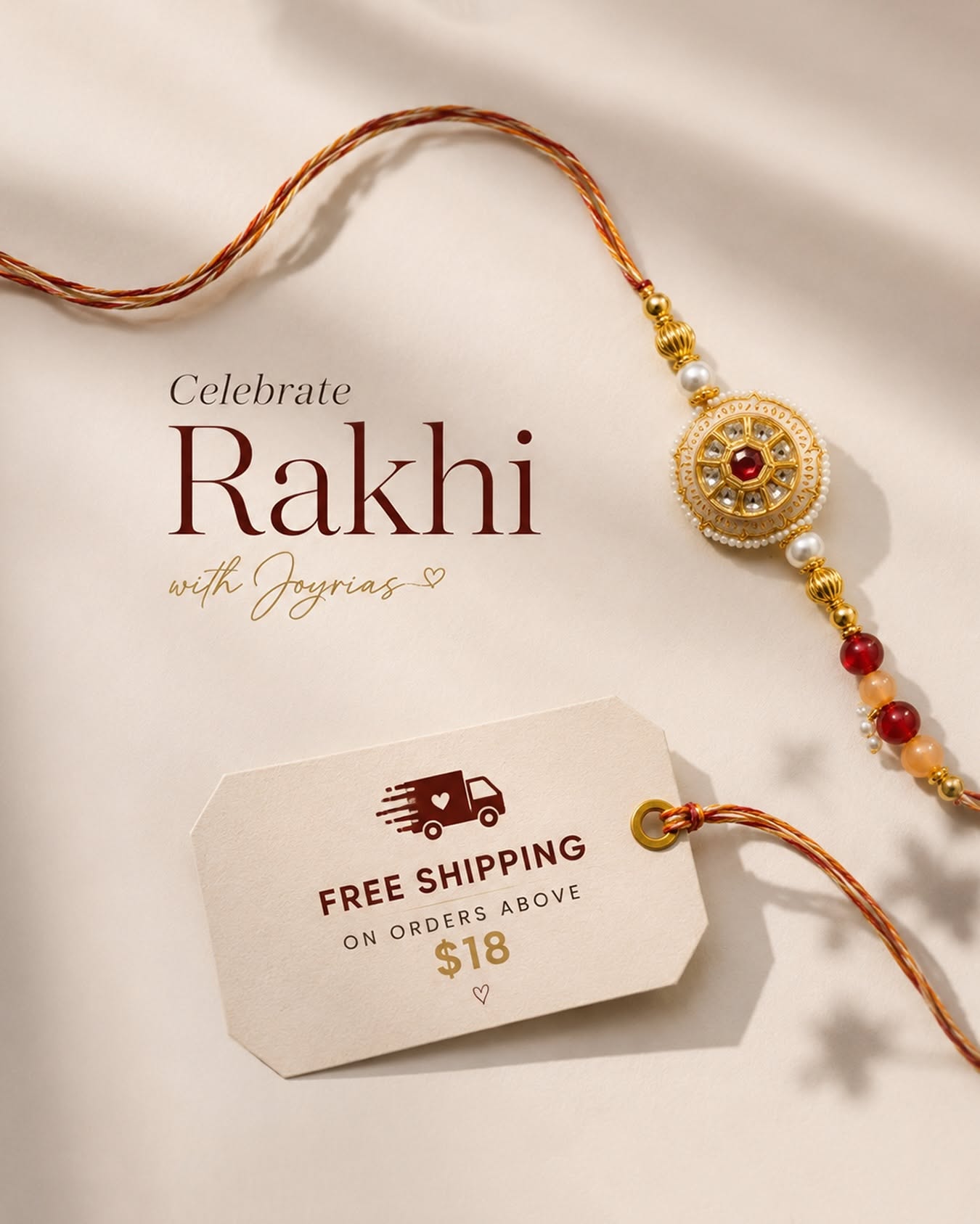 Kundan-and-pearl rakhi with a free-shipping gift tag