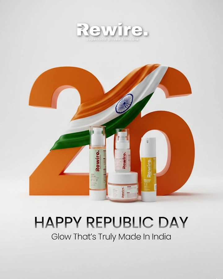 Republic Day creative ad: Giant orange 3D numeral 26 draped with tricolour fabric, with skincare products in front