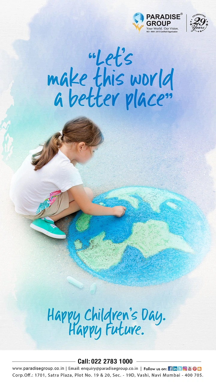 Children's Day creative ad: Girl drawing a chalk globe on pavement