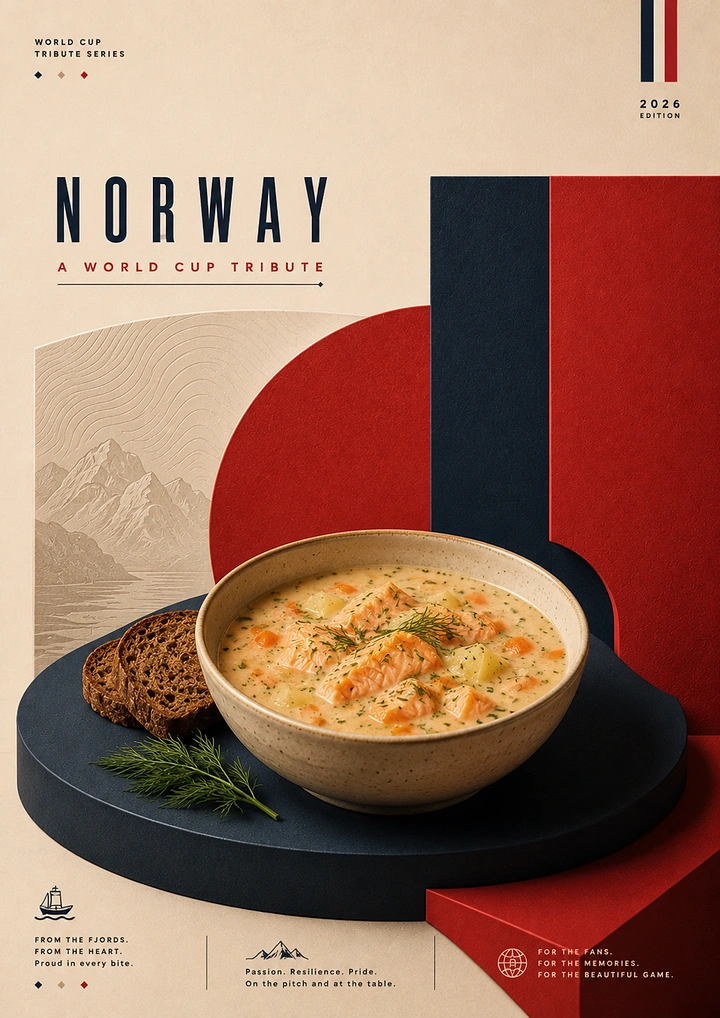 Creative ad: Creamy salmon soup bowl on navy plinth with Norwegian flag colour blocks