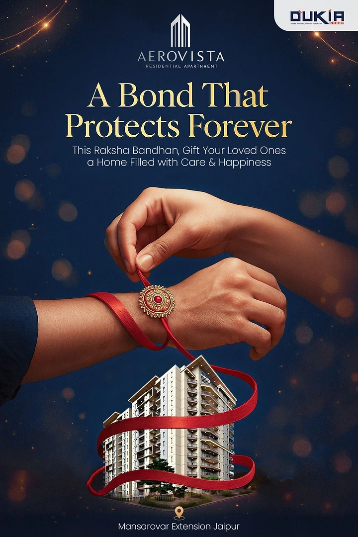 Raksha Bandhan creative ad: Hands tying a rakhi whose red ribbon wraps an apartment tower