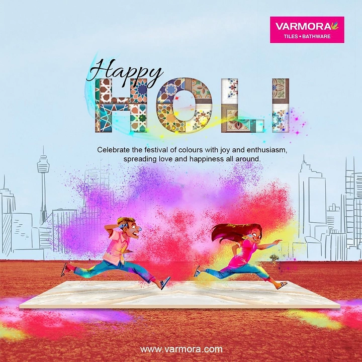 Holi creative ad: Tile-patterned HOLI letters, tiles as playground