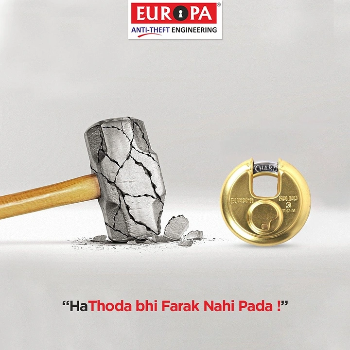 Hardware Stores creative ad: Shattered sledgehammer beside an intact brass padlock