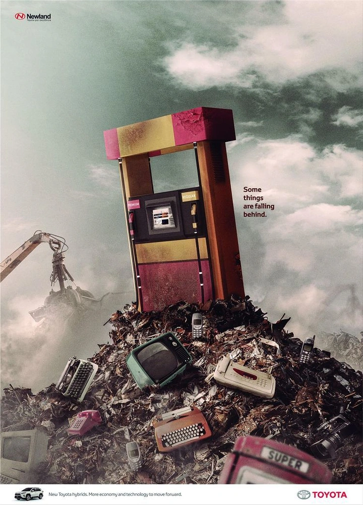 Automotive creative ad: Obsolete fuel pump atop a scrapheap of outdated tech