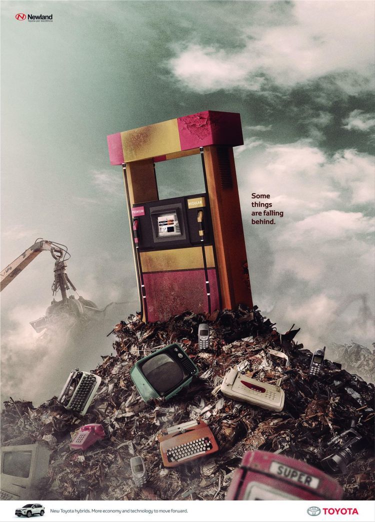 Poster: Obsolete fuel pump atop a scrapheap of outdated tech