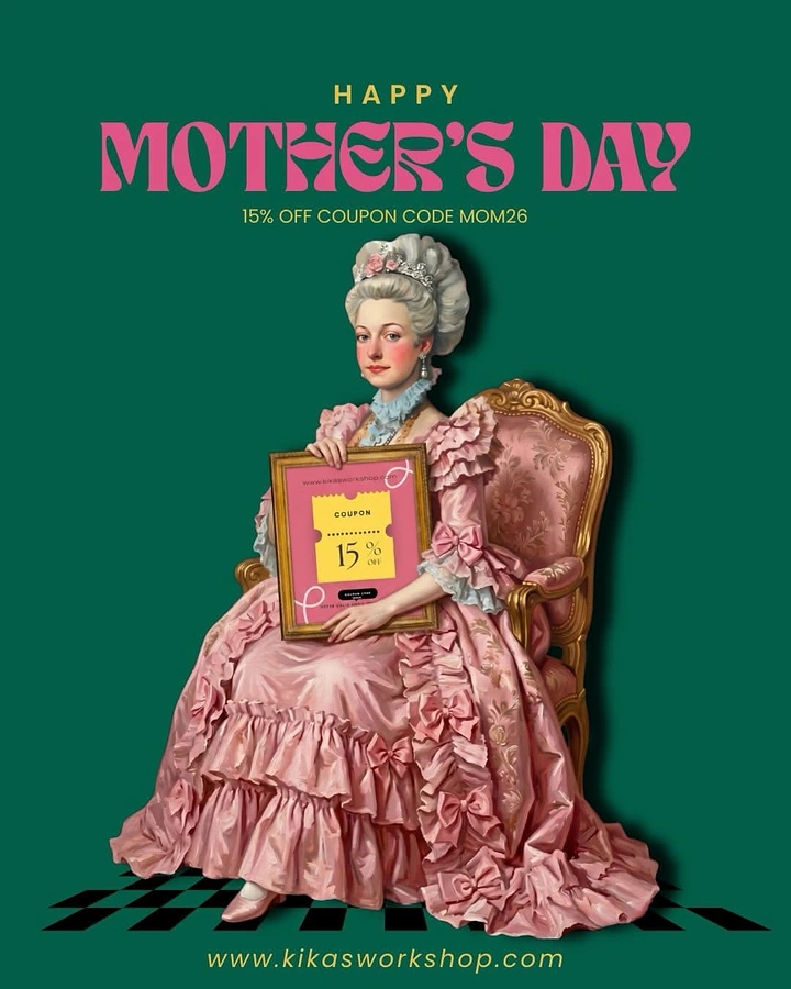Mother's Day creative ad: Rococo-style painted noblewoman seated holding a framed coupon