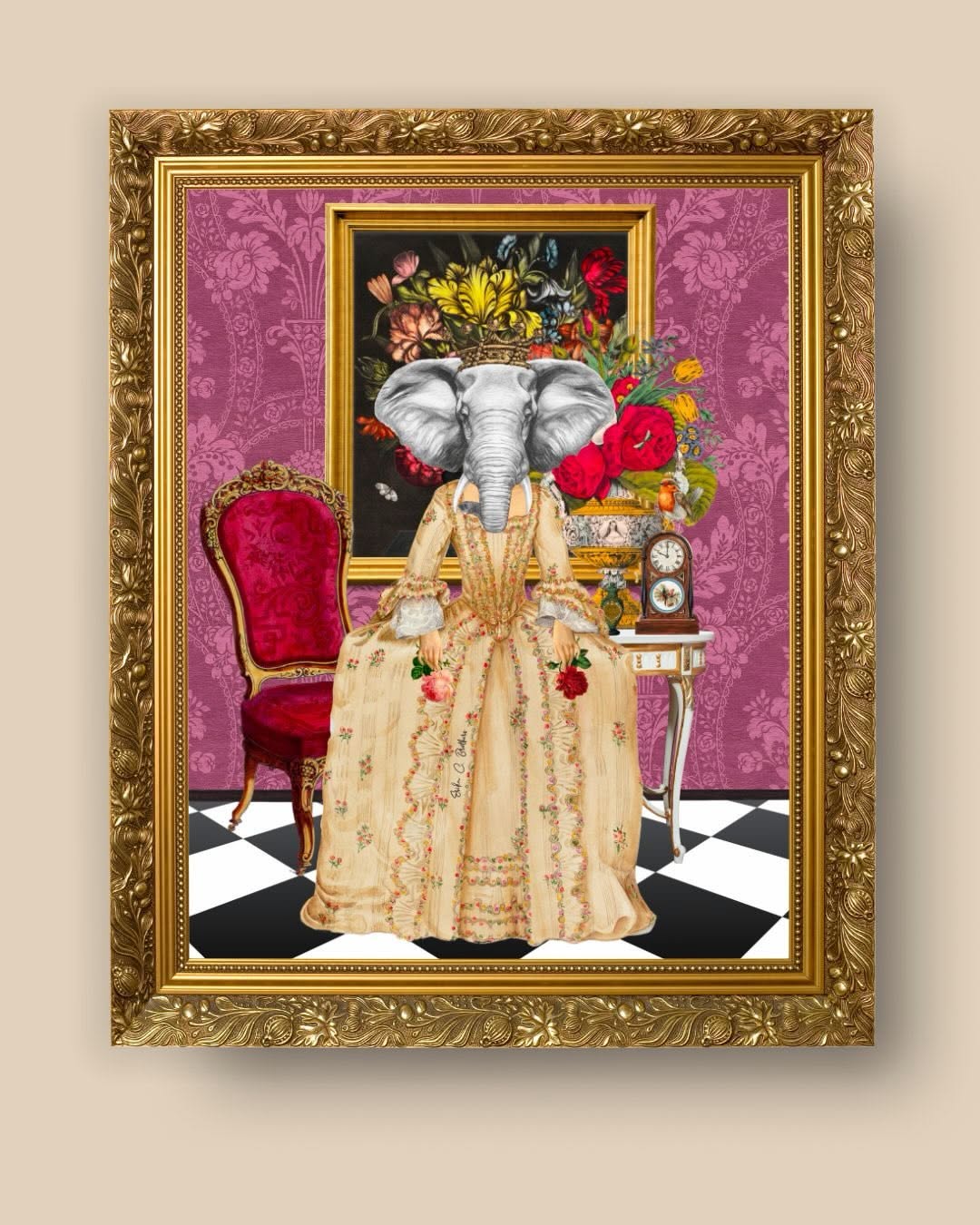 Rococo-style painted noblewoman seated holding a framed coupon