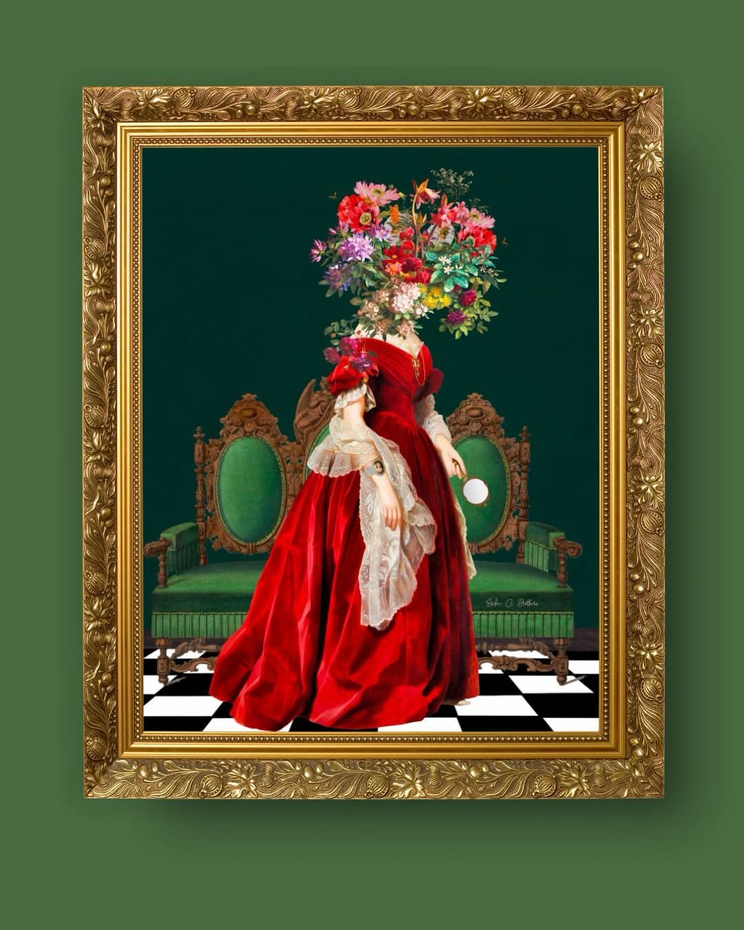 Rococo-style painted noblewoman seated holding a framed coupon