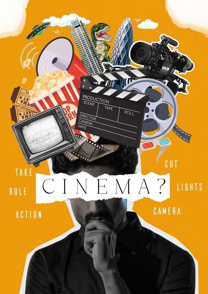 Cinemas & Movie Theatres creative ad: Cinema props bursting from man's head collage