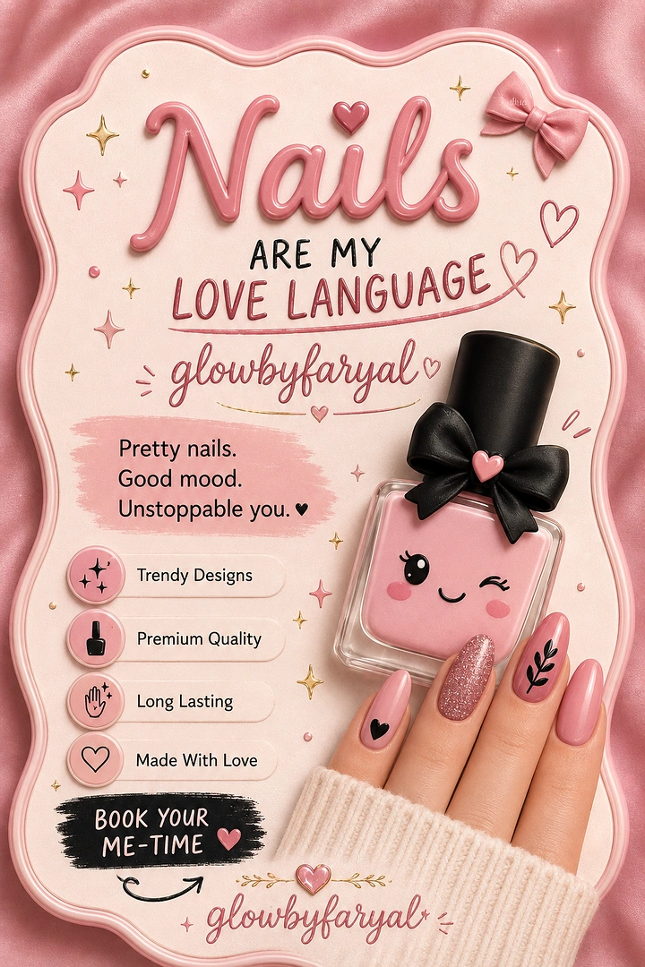 Nail Salons creative ad: Cute winking polish bottle mascot, love-language copy