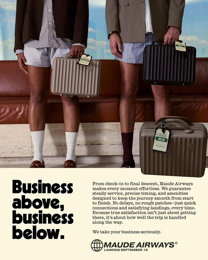 Fashion creative ad: Two men in blazers and boxers holding ribbed hard-shell cases