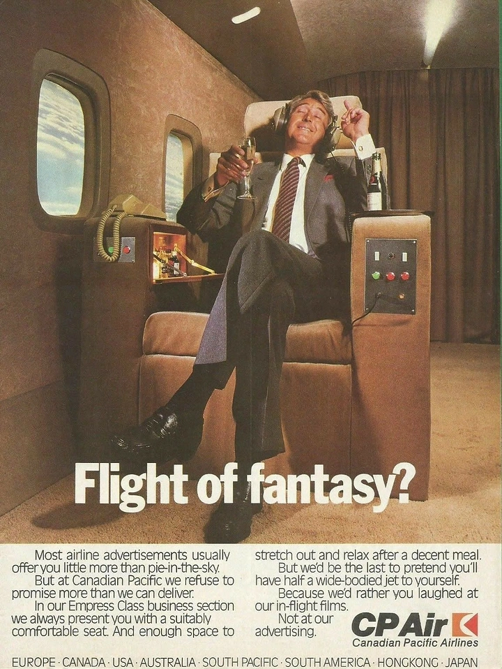 Airlines creative ad: Fantasy cockpit scene supports playful headline