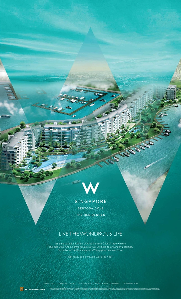 Hotel & Hospitality creative ad: Aerial render of waterfront residences and marina seen through W-shaped triangular windows