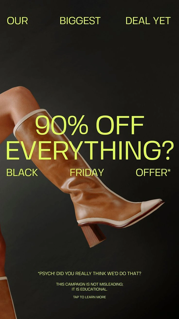 Black Friday creative ad: Leg in a tan leather knee-high boot mid-stride