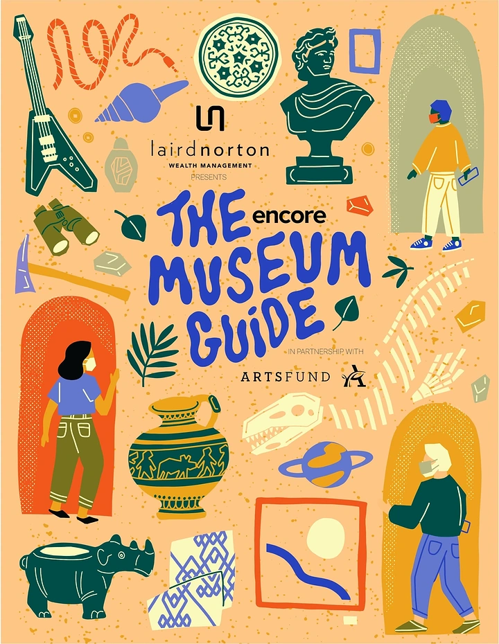 Museums & Art Galleries creative ad: A lively illustrated museum world filled with artifacts and visitors
