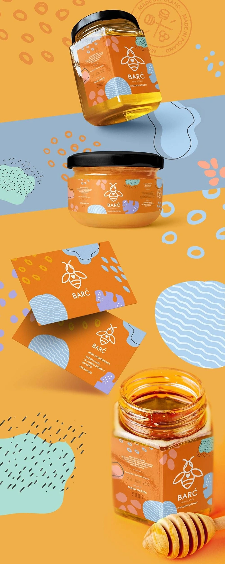 Honey Brands creative ad: Playful abstract honey packaging composition