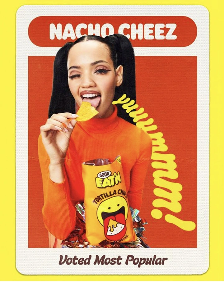 Snacks & Namkeen Brands creative ad: Retro trading-card frame, 'yummm' tongue type