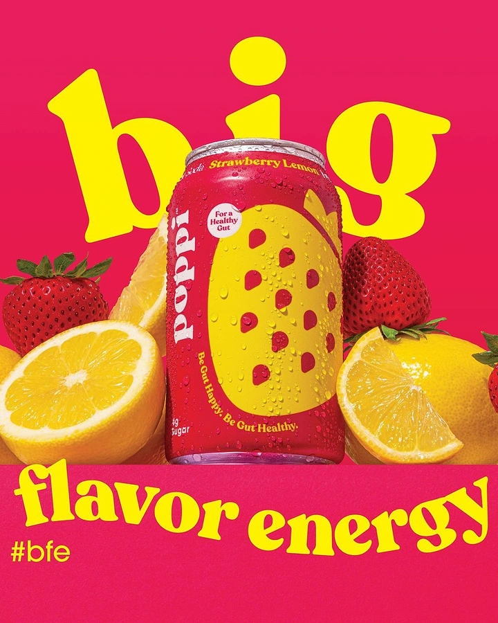 Creative ad: Wet soda can surrounded by halved lemons and strawberries