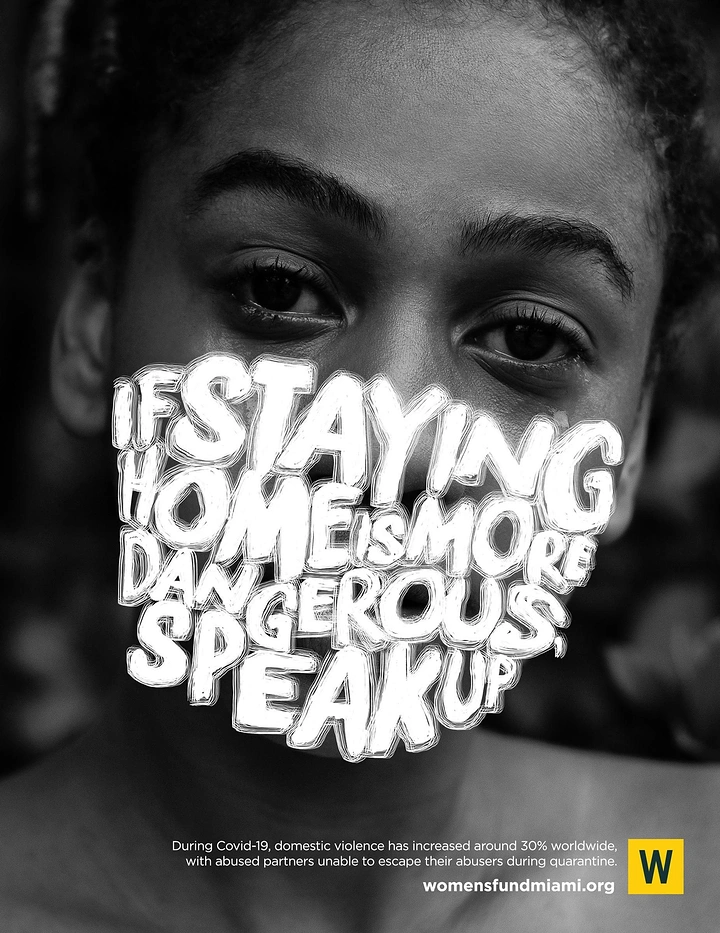 Nonprofit & Social Cause creative ad: Close-up of a woman's face with lettering covering her mouth like a mask