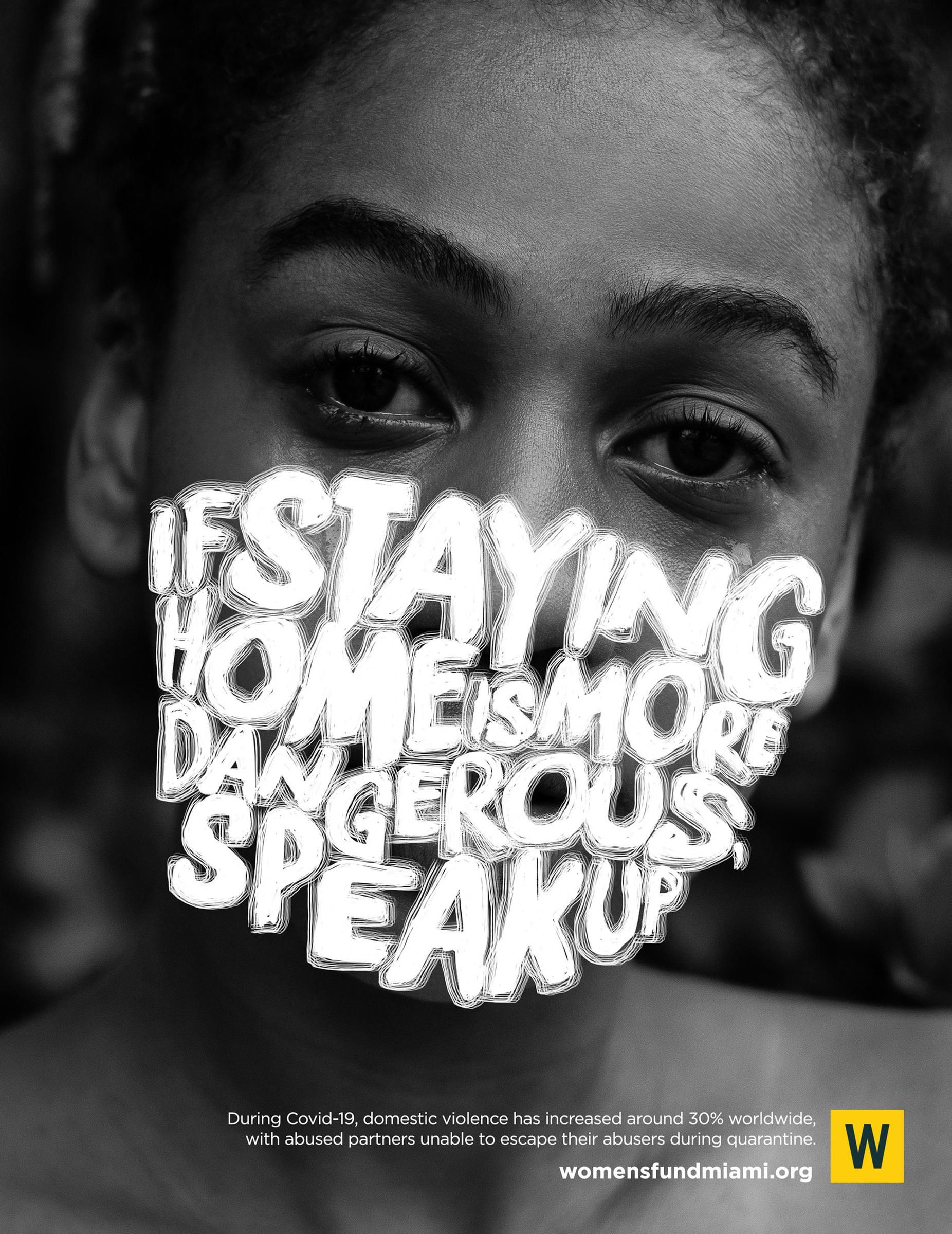 Poster: Close-up of a woman's face with lettering covering her mouth like a mask