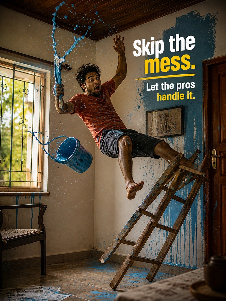 House Painters creative ad: DIY painter falling mid-splash: 'Skip the mess'