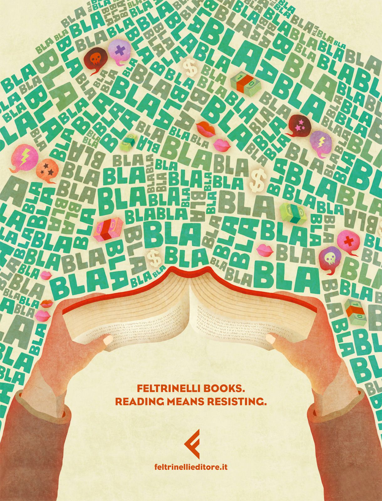 Hands holding an open book that pushes back a storm of 'BLA' words