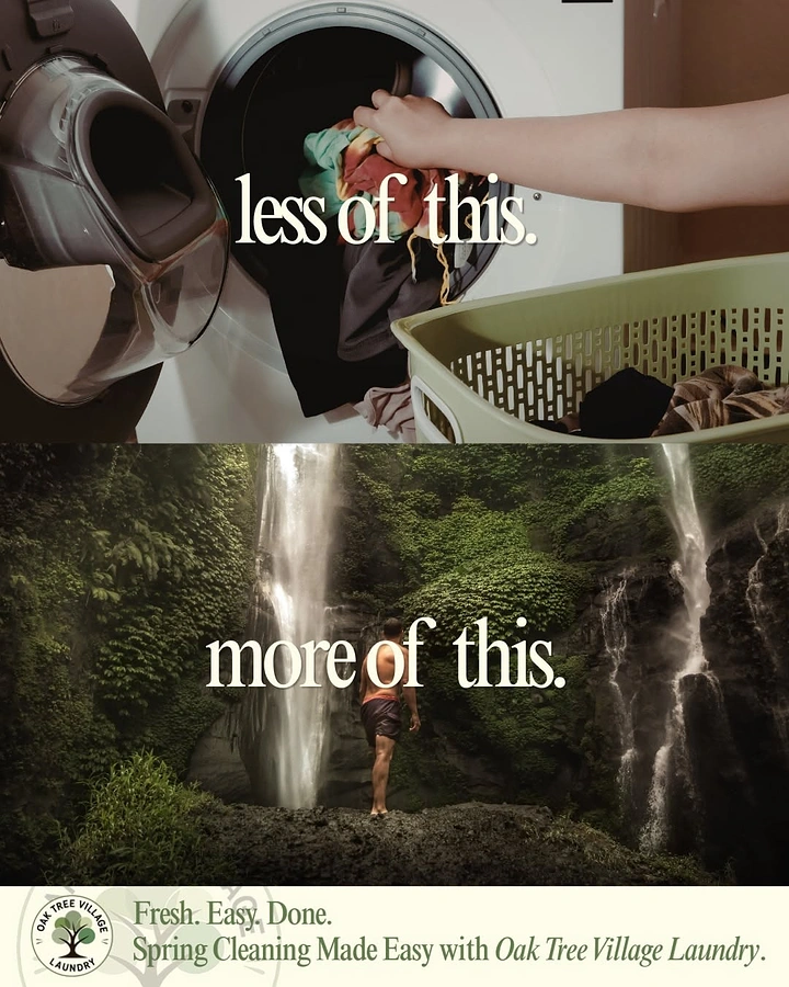 Laundry & Dry Cleaning creative ad: Less laundry, more waterfall contrast split