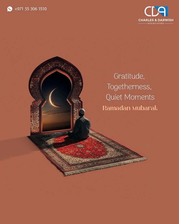 Ramadan creative ad: Man praying on a Persian rug before an ornate arched window with a crescent moon