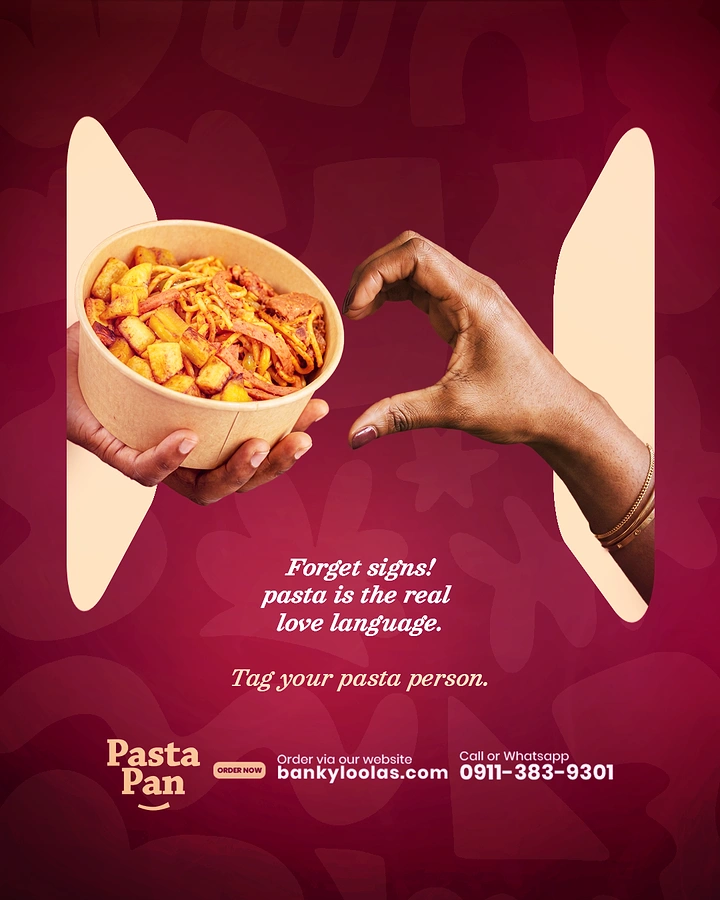 Instant Noodles & Pasta Brands creative ad: Love-language copy with reaching hands