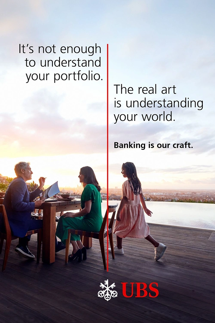 Creative ad: Advisor meeting a woman on a sunset terrace while a girl walks past