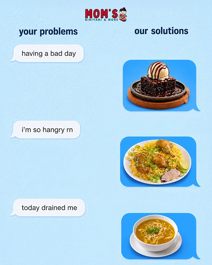Cloud Kitchens & Food Trucks creative ad: Chat bubbles: problems answered by dishes