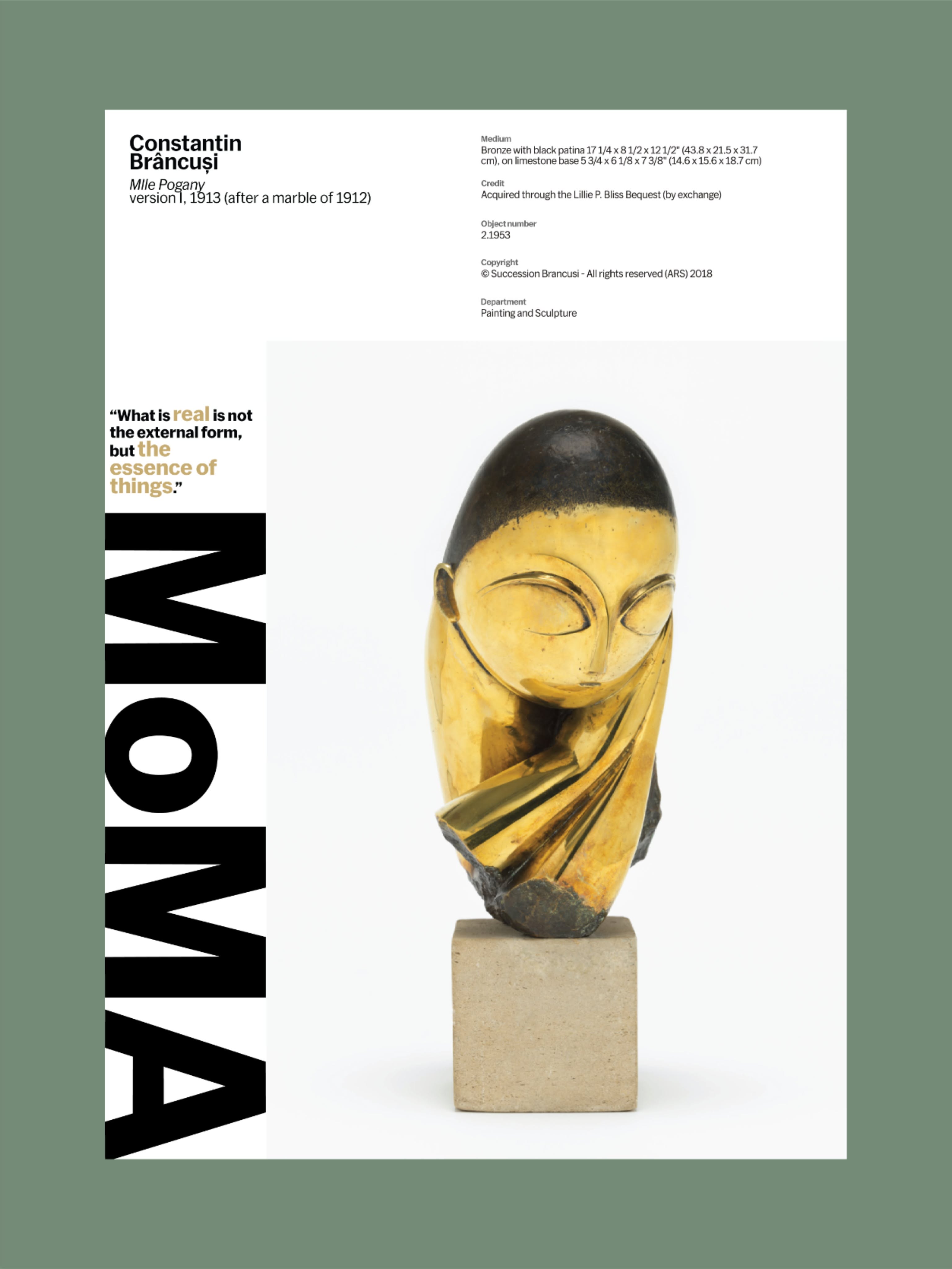 Poster: Golden abstract sculptural bust on a limestone pedestal