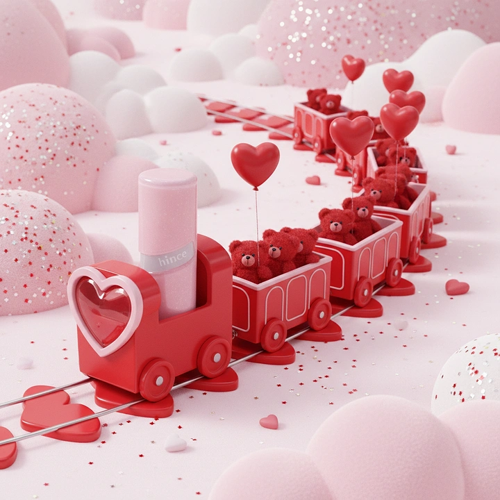 Valentine's Day creative ad: Toy train carrying a lipstick tube and red teddy bears