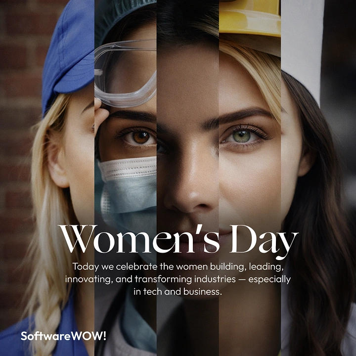 Women's Day creative ad: Composite female face built from vertical strips of women in different professions