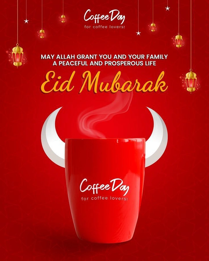 Eid creative ad: Red branded coffee mug with white crescent horns behind it, steam rising