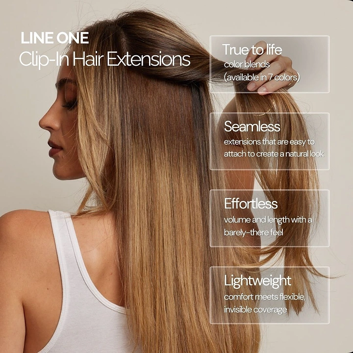 Wigs & Hair Extensions creative ad: Model in profile showing long balayage hair with clip-in extensions