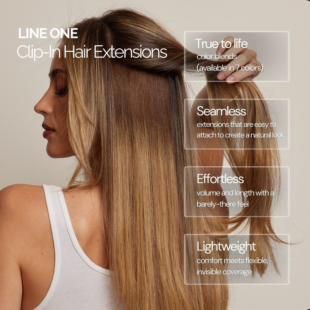 Instagram post: Model in profile showing long balayage hair with clip-in extensions