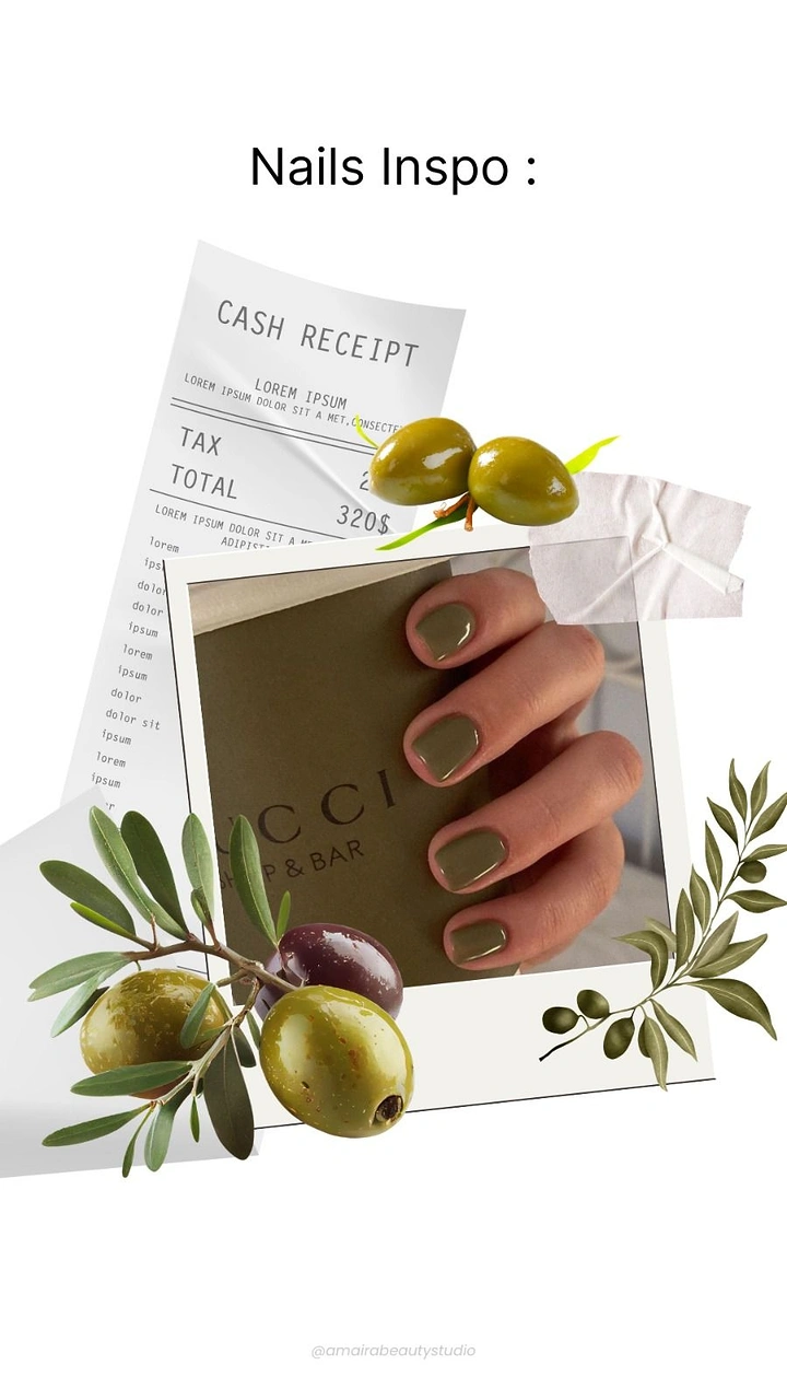 Nail Salons creative ad: Olive nails matched with olives collage
