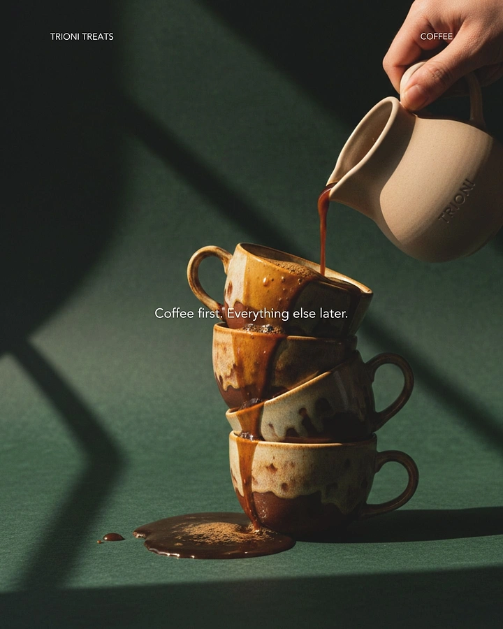 Coffee Shops creative ad: Hand pouring coffee over a stack of overflowing glazed ceramic cups
